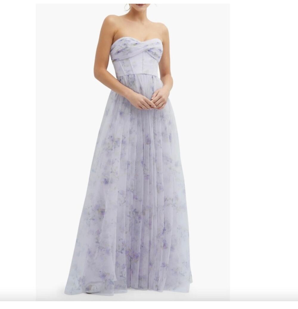 Dessy Collection Lilac Floral Strapless Tulle Gown 14